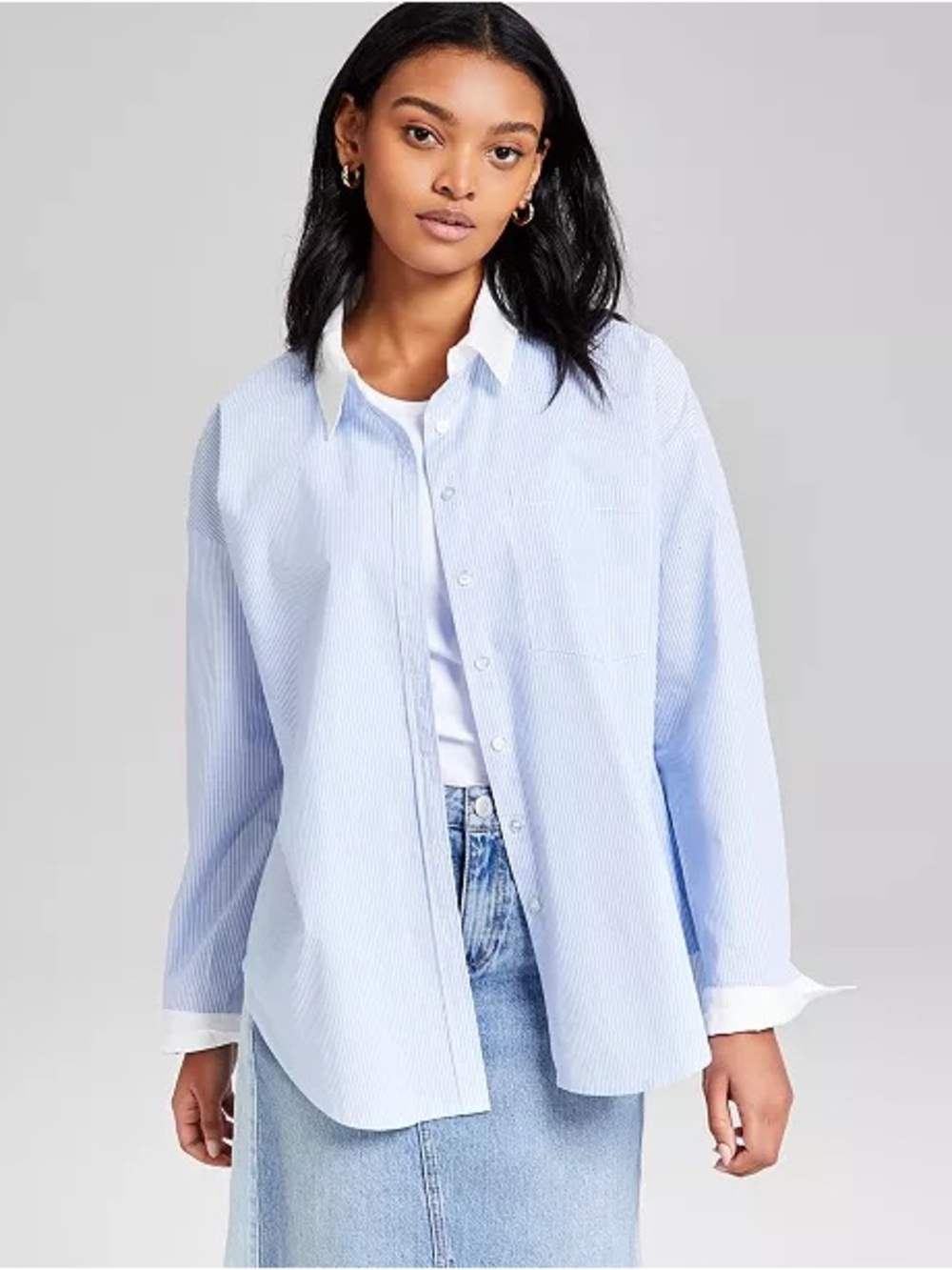 Relaxed Light Blue Pinstripe Button-Down Shirt with Contrast Collar